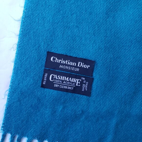 Christian Dior Monsieur Cashmaire Vintage Acrylic Fringed Teal Scarf - Picture 2 of 4